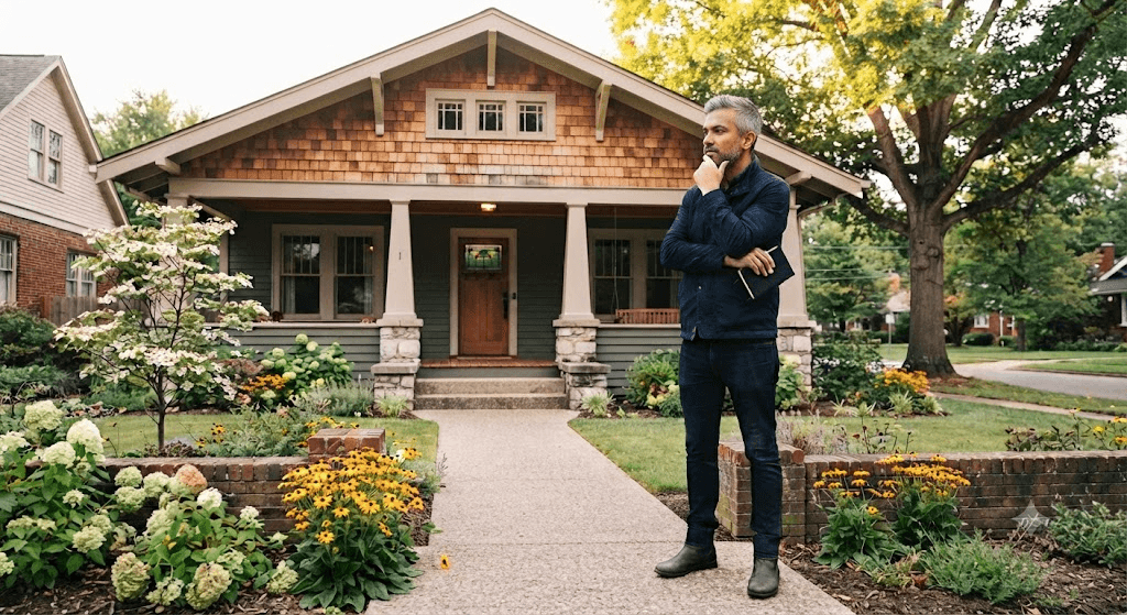 Man standing outside house thinking